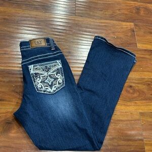 Women's Dark Blue Boot Cut Jeans with Embellished Pocket, T&Y Fashion Jeans, 5/6